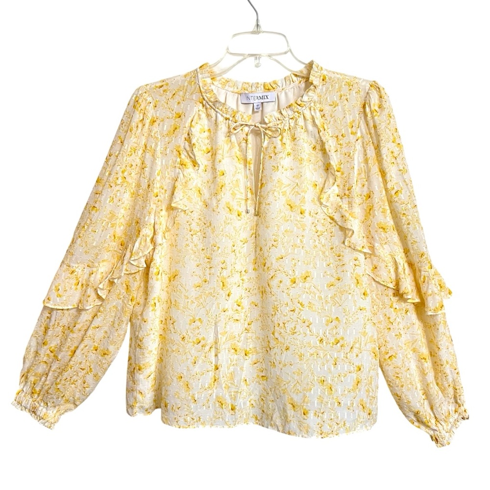 Intermix Maura Romantic Ruffle Silk Blend Top Womens 10 Yellow Floral Ethereal